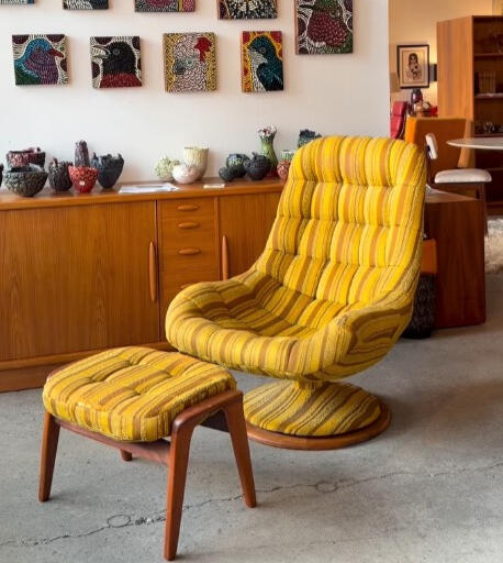 vintage R Huber scoop chair with ottoman. Teak frame and new upholstery.